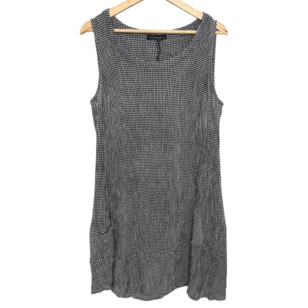 Cut Loose Lagenlook Boho Asymmetric Gingham Plaid Seersucker Dress Black Small